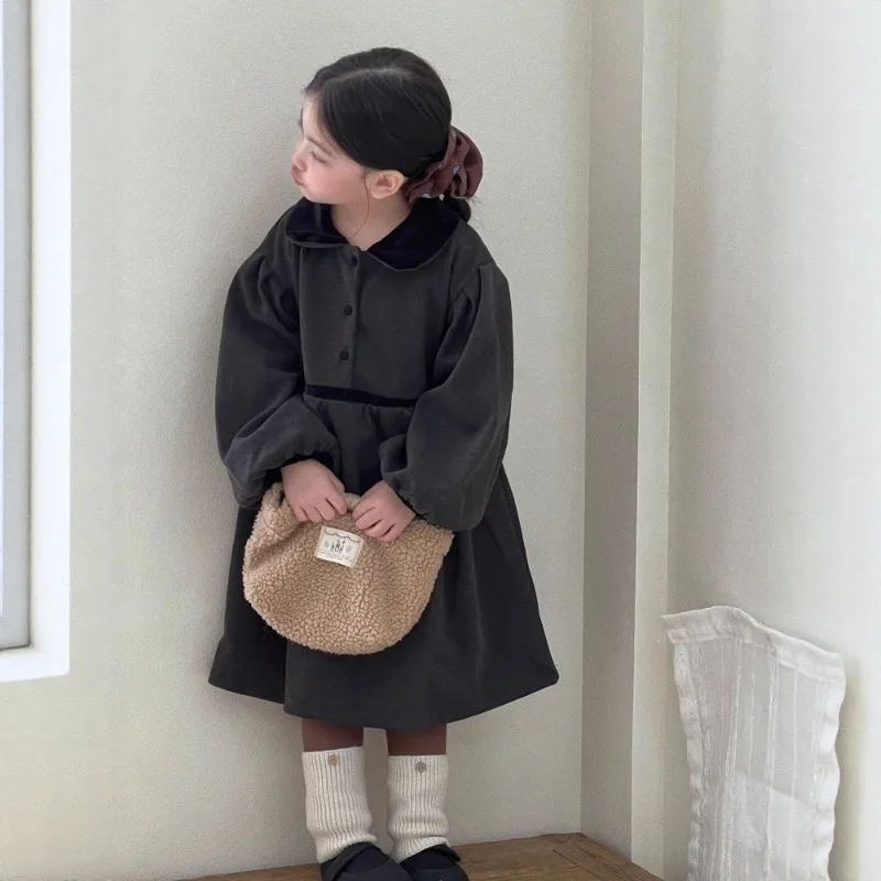 Girls Winter Dress Korean Version Velvet Doll Collar Bubble Sleeves High Quality Woolen Dress Brown Leggings Two Piece Set 2025