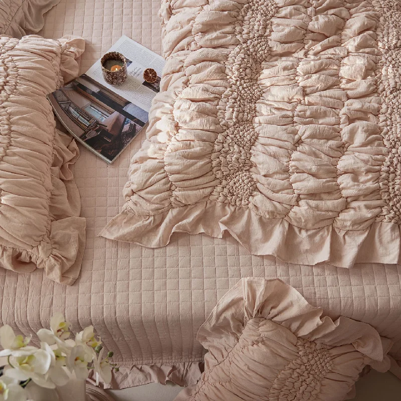 Natural Cotton Quilted Bedspread Bedding Set 4-PC, Princess Ruffled Lace Versatile Duvet Cover Pillowcase 3-PC,Use as Bedspread