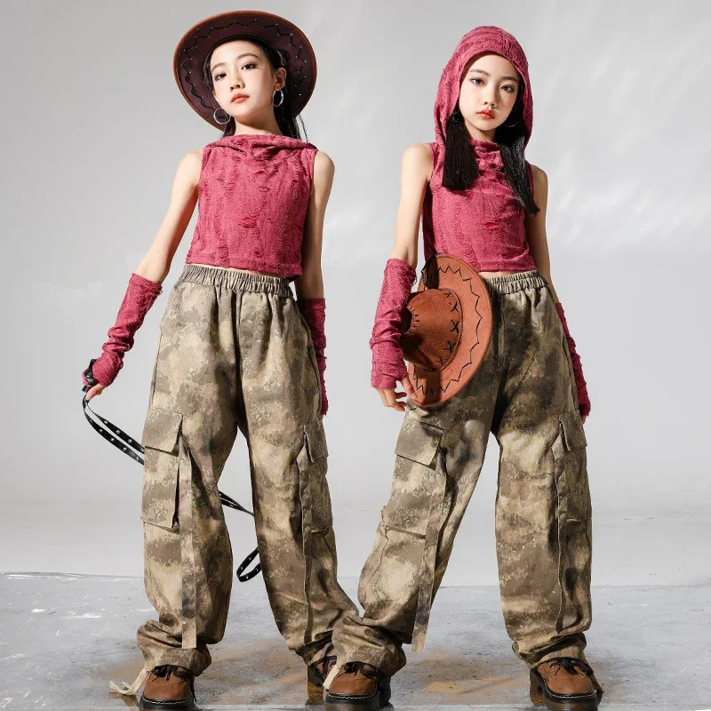 

Girls Hip Hop Crop Hoodie Tops Camo Cargo Pants Teenage T-shirt Street Dance Shorts Kids Streetwear Children Jazz Clothes Sets