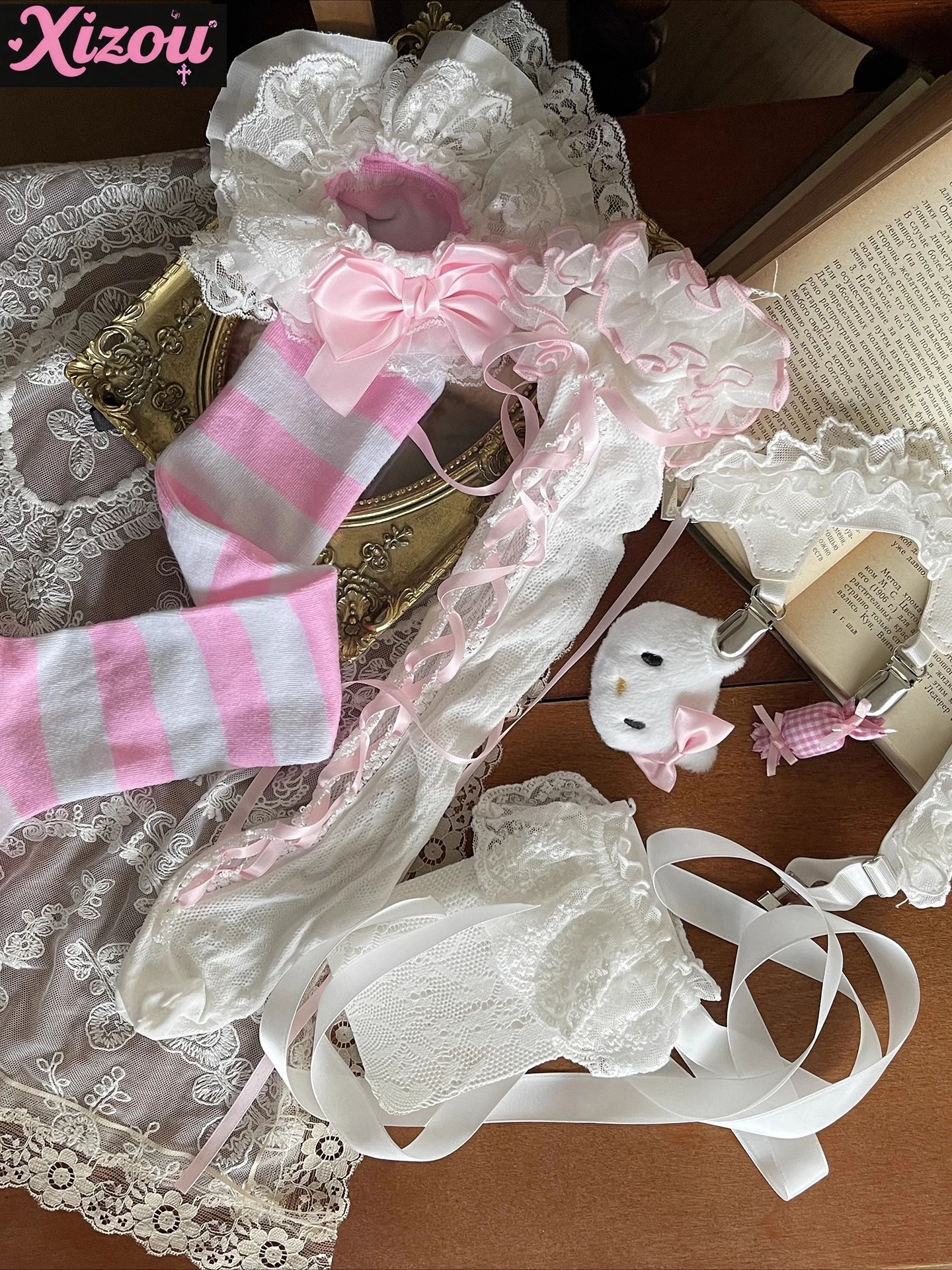 Sweetheart girl mix match stacked wear subculture y2k striped medium tube strap lace medium tube socks women lolita wear socks