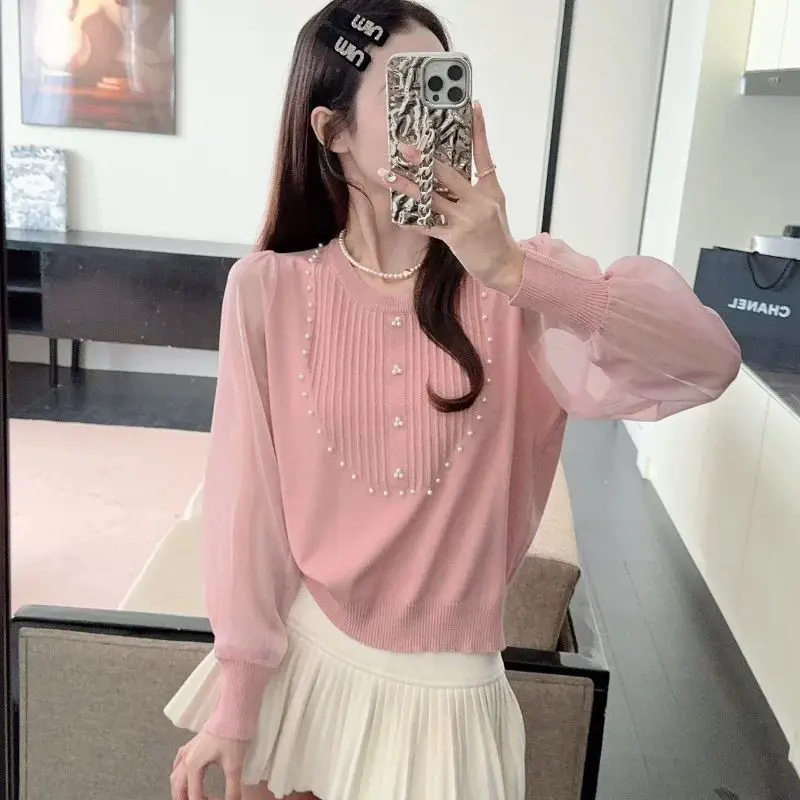 เสื้อสเวตเตอร์ผ้าชีฟองแต่งลูกปัด แขนยาว สำหรับผู้หญิง สไตล์ใหม่ล่าสุดสำหรับฤดูใบไม้ผลิและฤดูใบไม้ร่วง เสื้อทรงเข้ารูปสวยเก๋