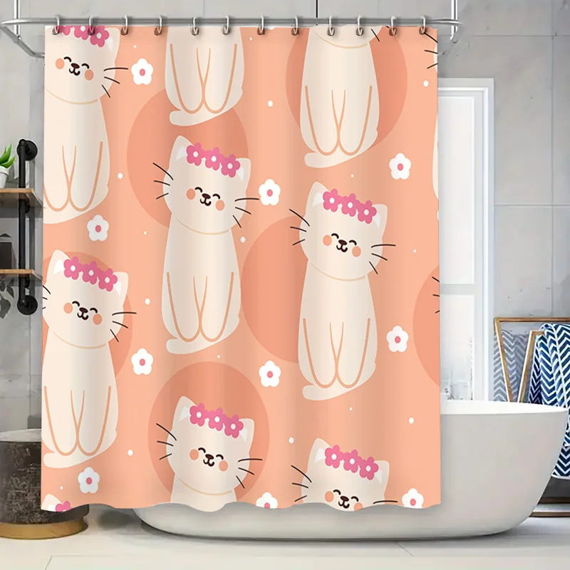 

Очаровательная занавеска для душа с принтом кота для декора ванной комнаты. Розовый цветочный узор. Высококачественная ткань. Размер: 72 x 84 дюйма (180 см x 210 см.