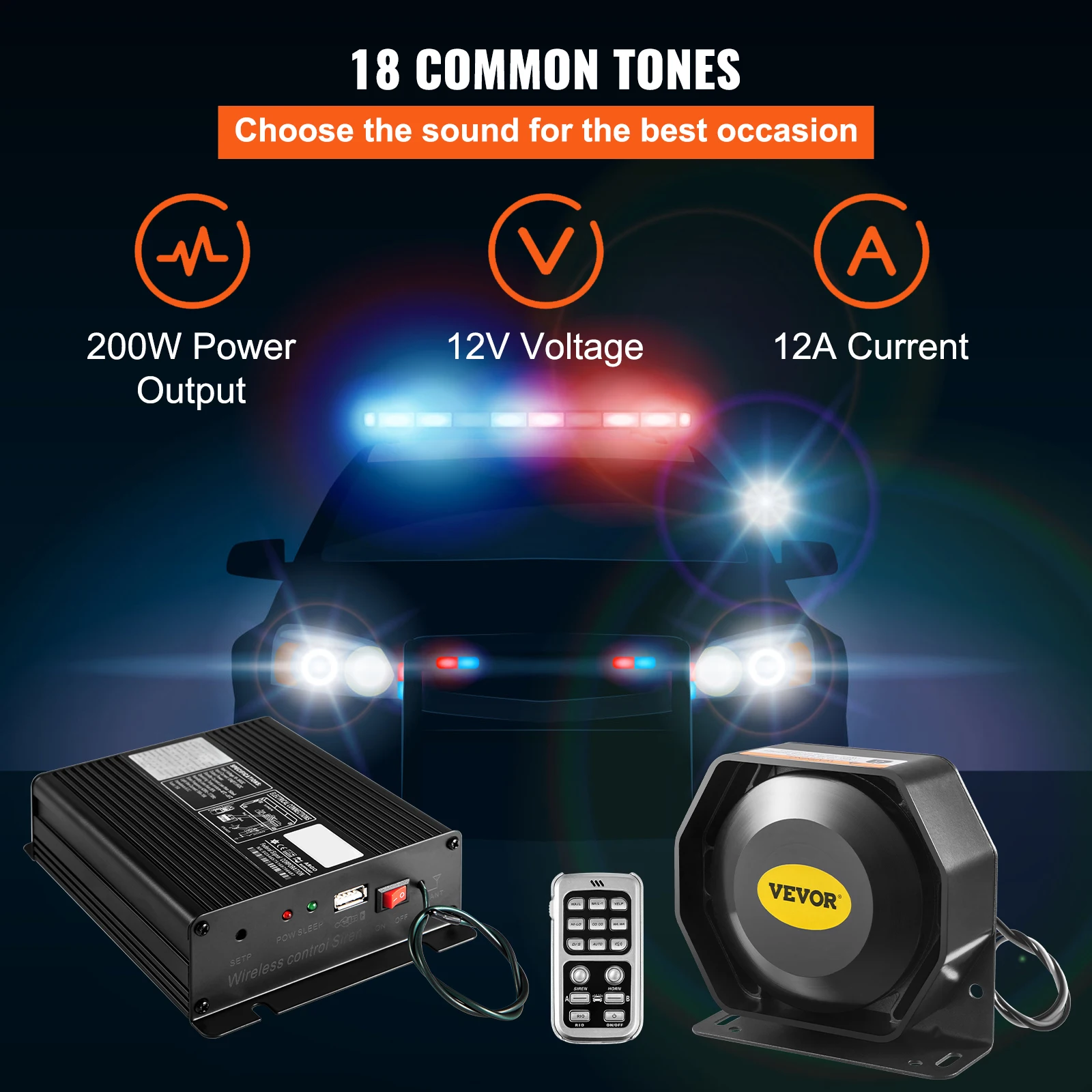 VEVOR Police Siren PA System , 12V 200W 18 Tone, Microphone Warning Emergency Siren for Vehicles Truck UTV ATV Car