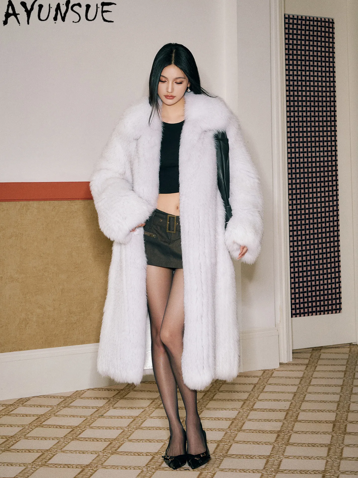 AYUNSUE Natural Fox Fur Coat Long Winter Jacket Women Real Fur Coat Thick Warm Knitted Fur Jackets for Women 2026 Шуба Женская