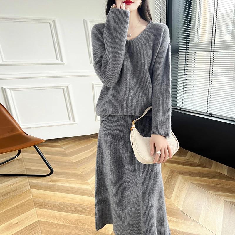 2024 Autumn/Winter Wool Suit Hot Sale Women Pure Wool Sweaters And Pants 100% Wool Knitted Loose  Leisure Warm Wool Set