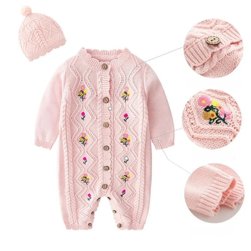 0-24M 100% Cotton Newborn Flower Baby Girl Romper Sweater Winter Clothes Knit Thick Warm Floral Embroidery Jumpsuit Outfit