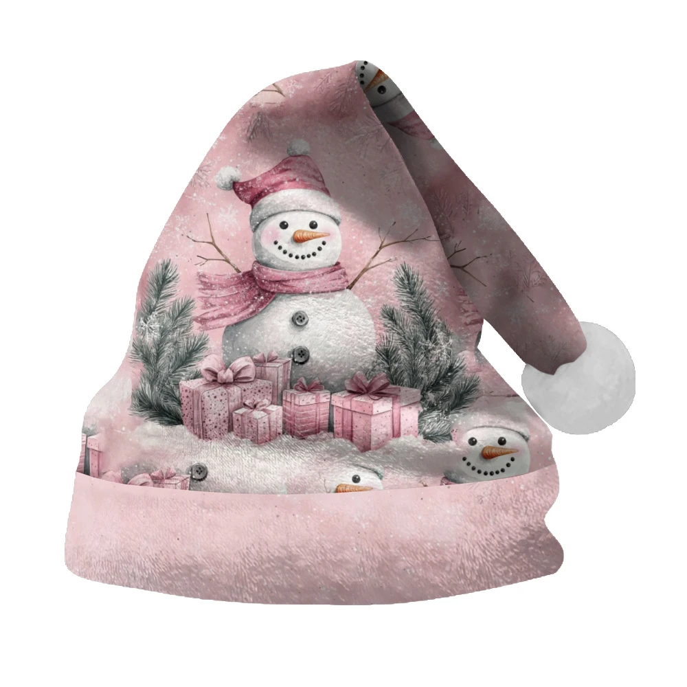 Fashionable winter atmosphere Christmas hat pink gift box, small snowman print party, daily warm and comfortable