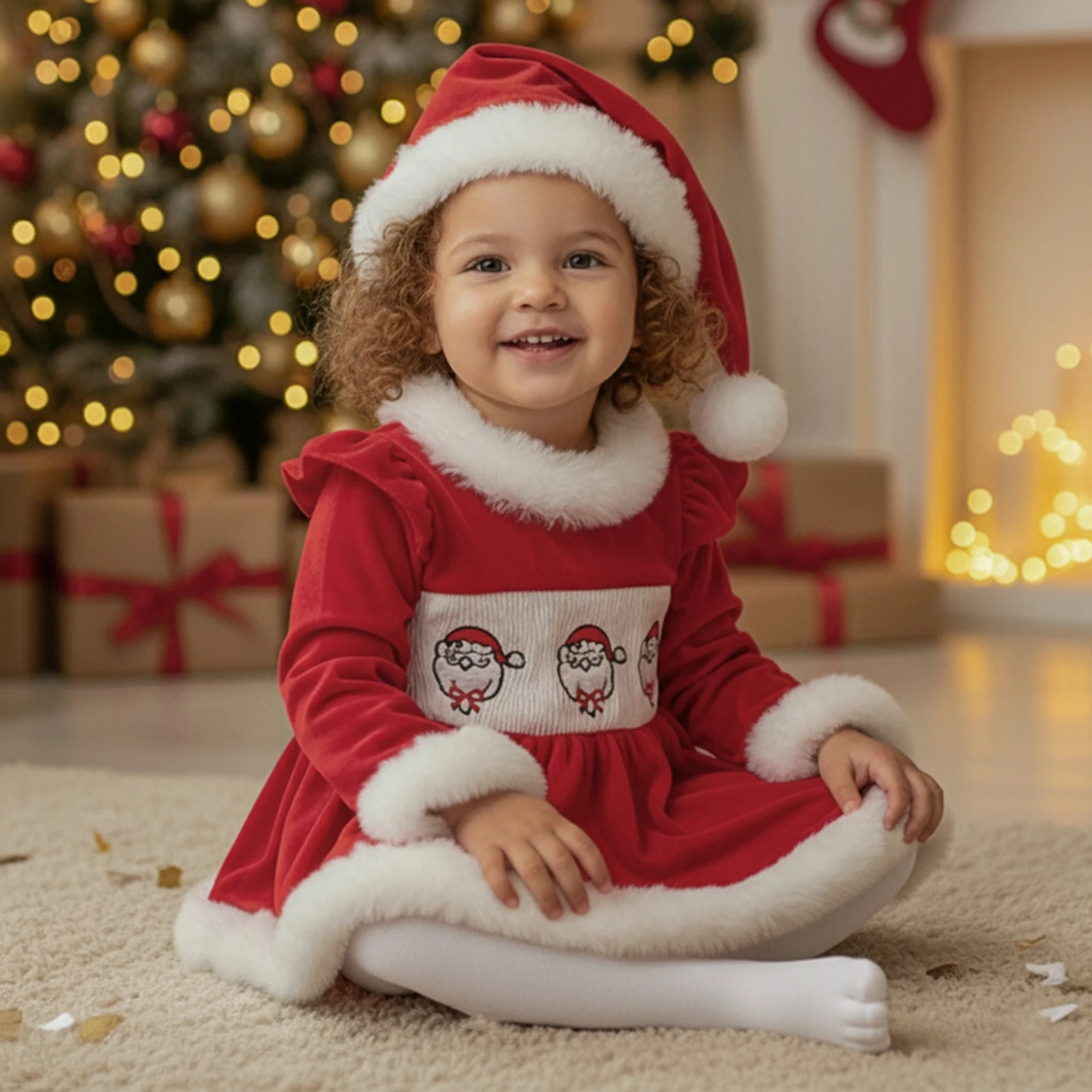Baby Girl Christmas Outfit Embroidered Furry Trim Crew Neck Long Sleeve Romper Dress and Hat 2 Pcs Set