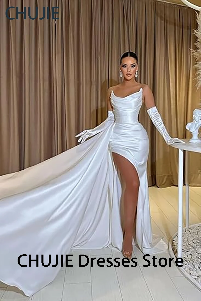 High Split White Satin Prom Dresses Woman Evening Dress Mermaid  Mermaid Cocktail Party Gowns Vestidos De Gala فساتين الحفلات