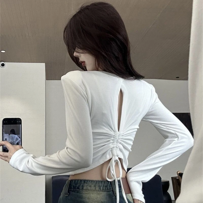 สาวร้อนเซ็กซี่รอบคอแขนยาวBackless Drawstring Slimเสื้อยืดผู้หญิงCrop Top