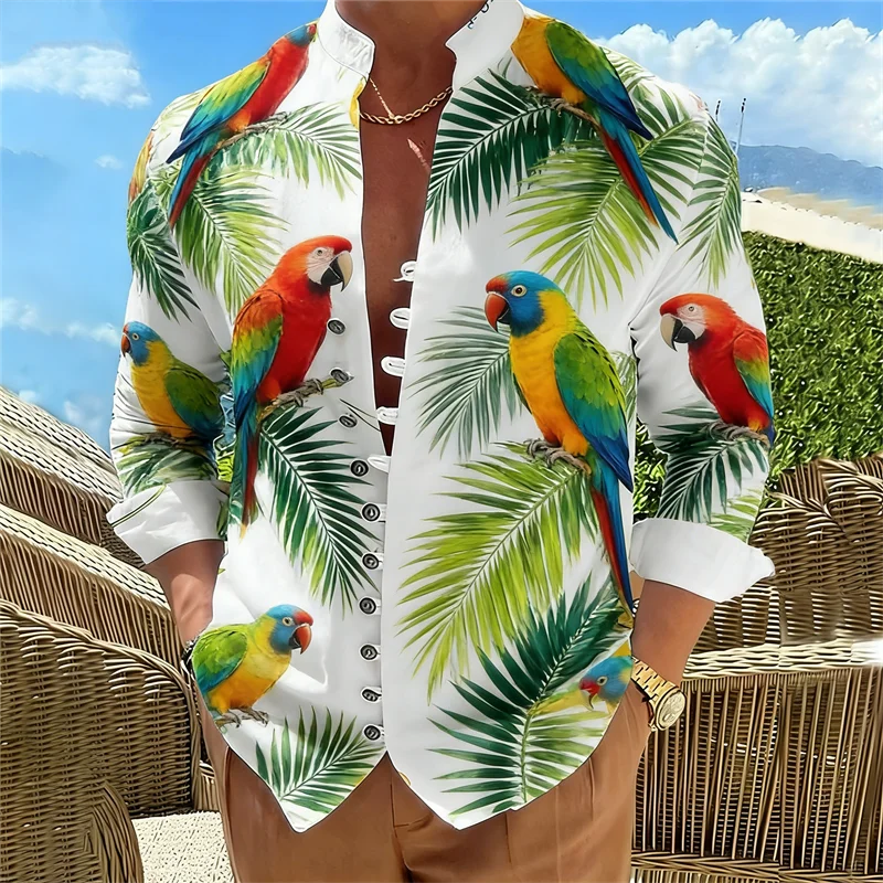 New Men's Long Sleeved Shirt with Harajuku Style 3D Parrot Print Long Sleeved Color Block Pattern Top Shirt