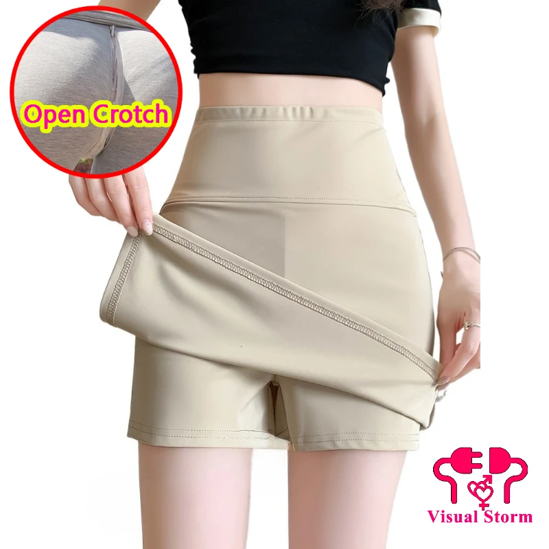 Women Hidden Zipper Open Crotch Sexy 2-in-1 Pants Skirts Couple Outdoor Exposure Play Crotchless Leggings Double Layer Shorts