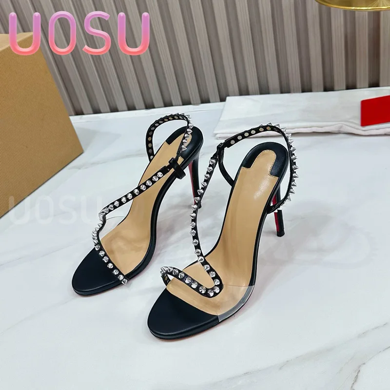 

2024 New Designer Women Sandals Luxury Cowhide Studded S Strap 10.5cm Stiletto Heel Ankle Strap Fashion Party Dress Shoes