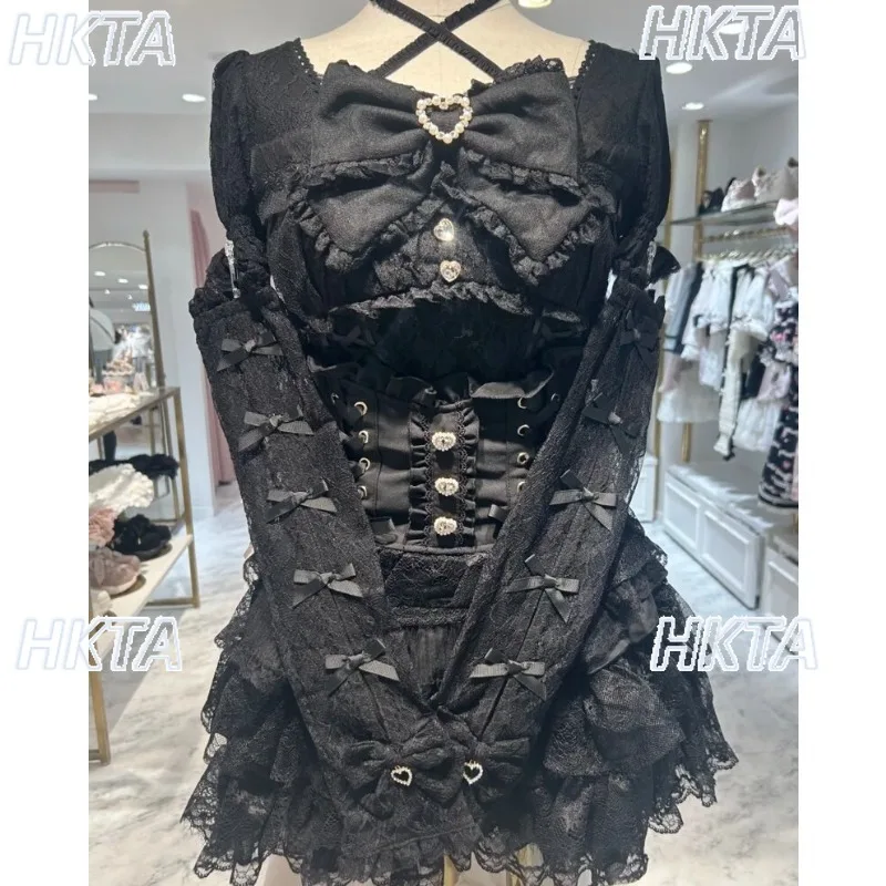 2026 Autumn New Sleeve Large Bow Tie-Lace Top Tshirt Japanese Cute Lolita Shirt Mini Skirt Stretch Slim Black White Shirt Women
