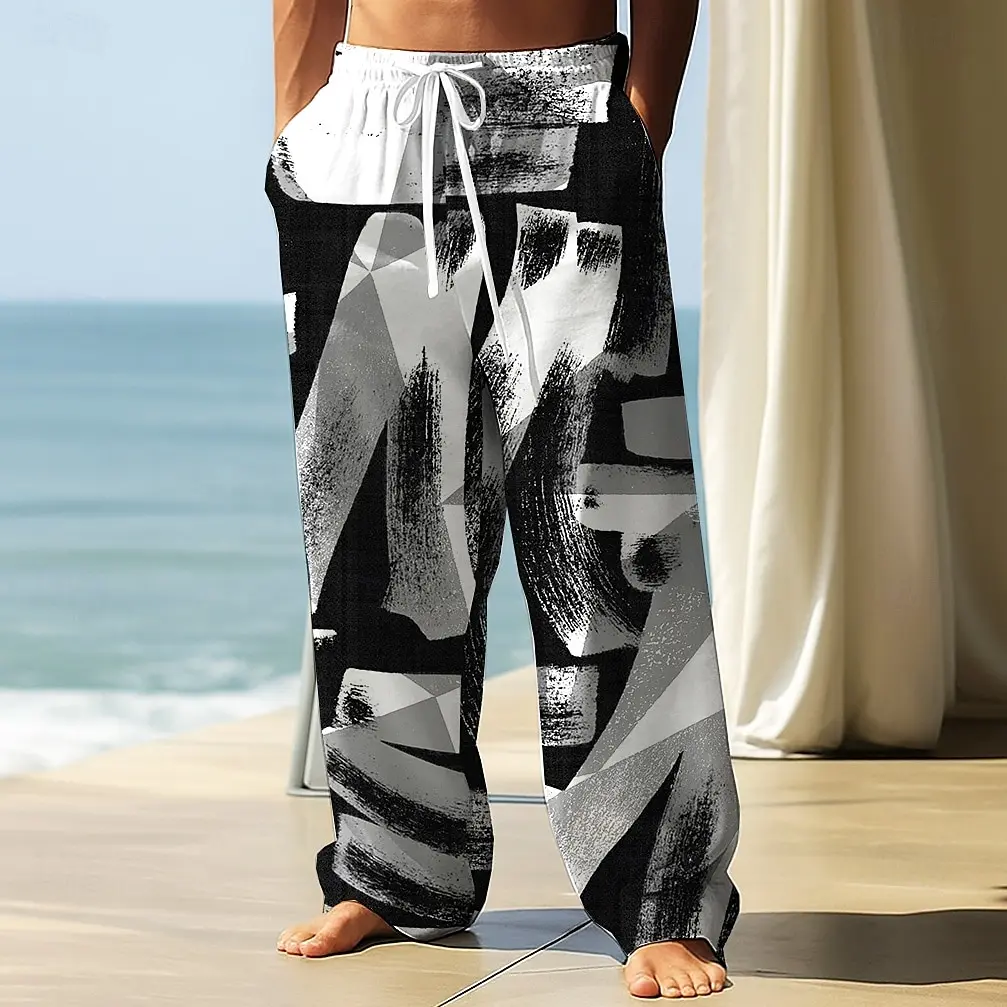 2026 Fashion Men's Geometric Printing Trousers Baggy Pants Casual Pants Mid Waist Elastic Drawstring Waist Pants Streetwear Fall