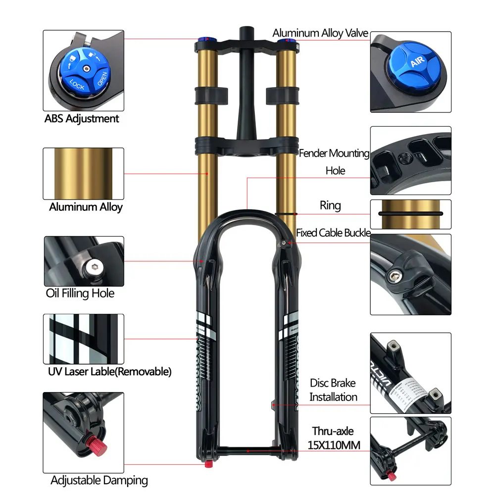 MAGICBROS MTB Dual Crown Air Suspension Fork 36MM Tube Thru-axle