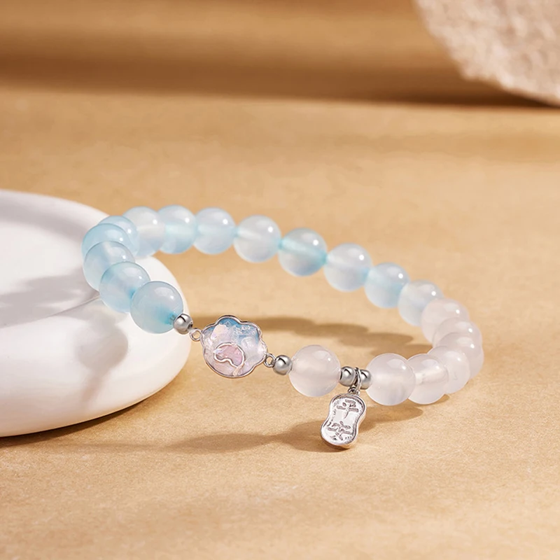 8mm Energy White Jade Marrow Blue Agate Bead Natural Aquamarine Stone Round Gemstone Women Jewelry Beads Elastic Bracelet