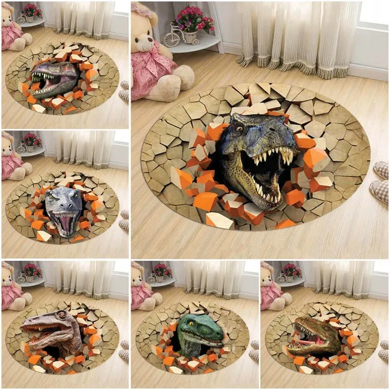 Living Room Carpet Children Cartoon Dinosaur 3D Round Mats For Coffee Table Home Kids Floor Rug Covering Anti-Slip Tapis Salon