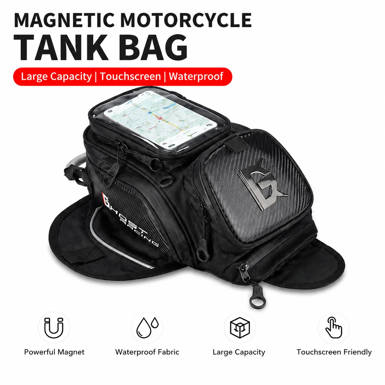 Sac de réservoir magnétique pour moto avec support de téléphone à écran tactile, pochette de rangement pour réservoir de carburant pour la navigation