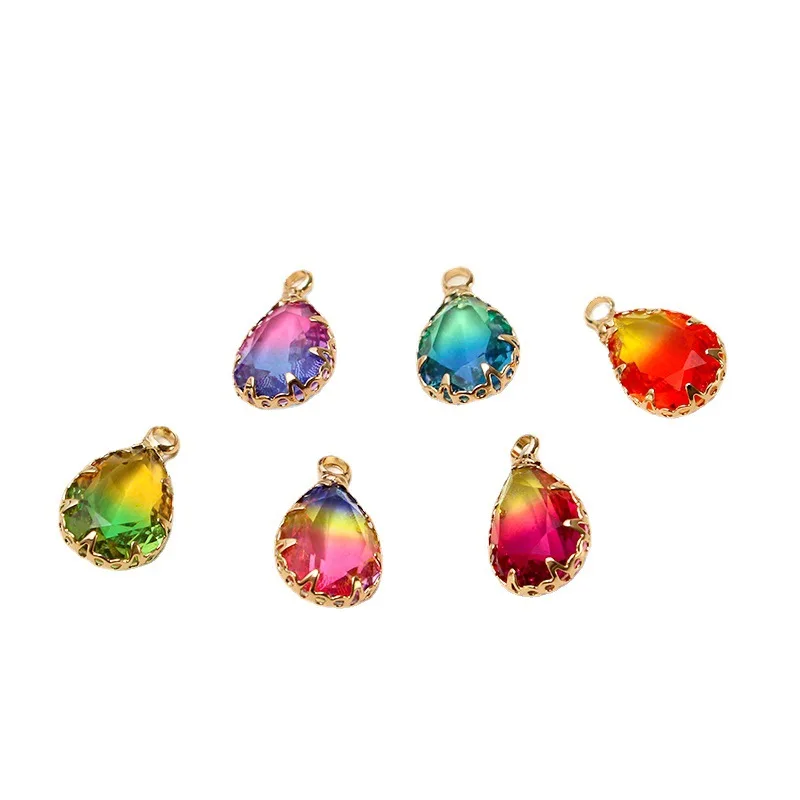 1pcs Diy Accessories Gradient Color Copper Edging Crystal Glass Water Drop Pendant Earrings Necklace Material Handmade Charms
