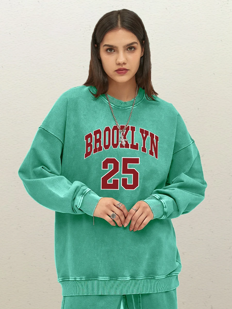 Brooklyn Letter Print Women Snow Wash Pullovers Fashion Hip Hop Washed Sweatshirt Loose Casual Hoody All-Match Cotton Top