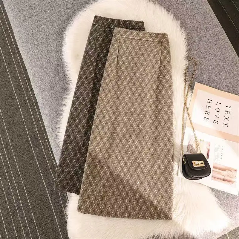 

Fashion Plaid Office Lady Half Skirt Women Autumn Winter Elegant High Waist Mid A-Line Skirts Casual Versatile Skirts