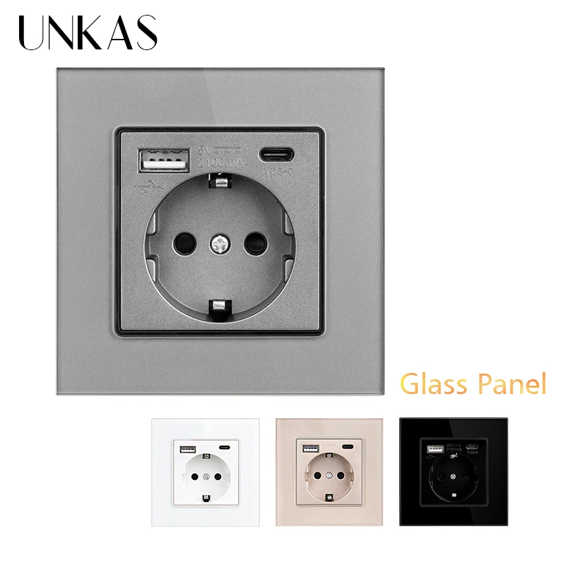 UNKAS EU / Spain / Russia Tempered Glass Panel Grey Wall Power Socket Grounded With Type C Dual USB Fast Charger