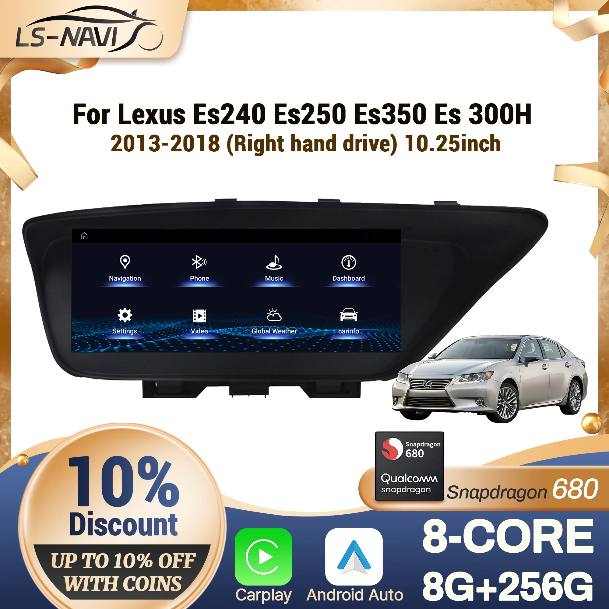 10.25 inch Right hand drive For Lexus Es240 Es250 Es350 Es 300H 2013-2018 Car Radio BT CarPlay Multimedia Snapdragon 680 Screen