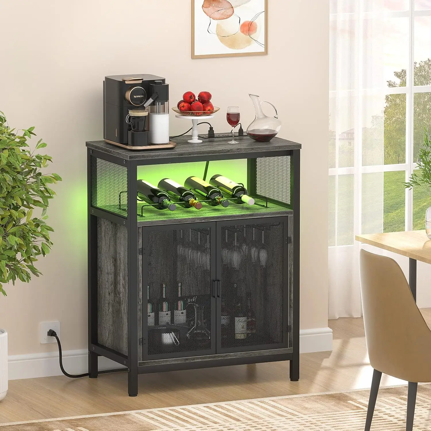 Unikito Wine Bar Cabinet with RGB Light and Outlet, FreeStanding Wine Rack Table, Liquor Cabinet with Glass Holder