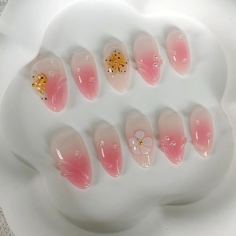 10 Stück 3D-Blumen mit Perlen, kurze, mandelförmige, tragbare Nagelkunst, hochwertige Leopardenmuster, französische Nagelaufkleber, Press-on-Nägel – Detail 8