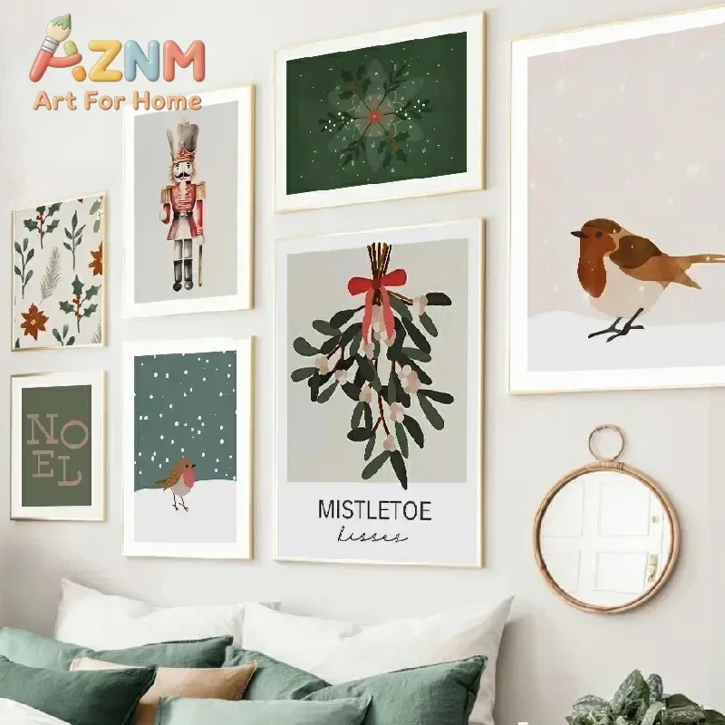 AZNM Christmas Canvas Wall Art Nutcracker Robin Bird Mistletoe Winter Holiday Vintage Art Print Unframed Canvas Poster for Bedro