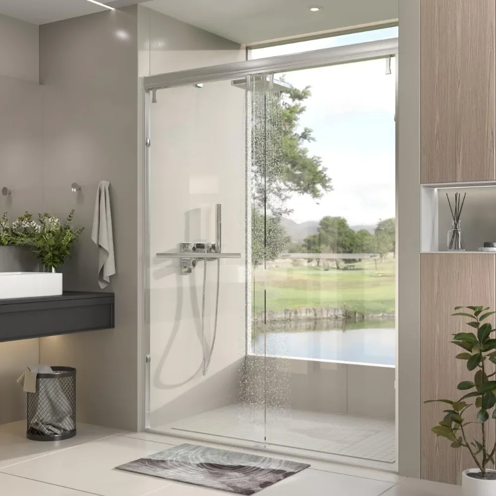 

Shower Door, 56-60 "W,Sliding Showers Doors, Semi-Frameless Double Sliding with Burst Film, Tempered Glass, Bathroom Shower Door