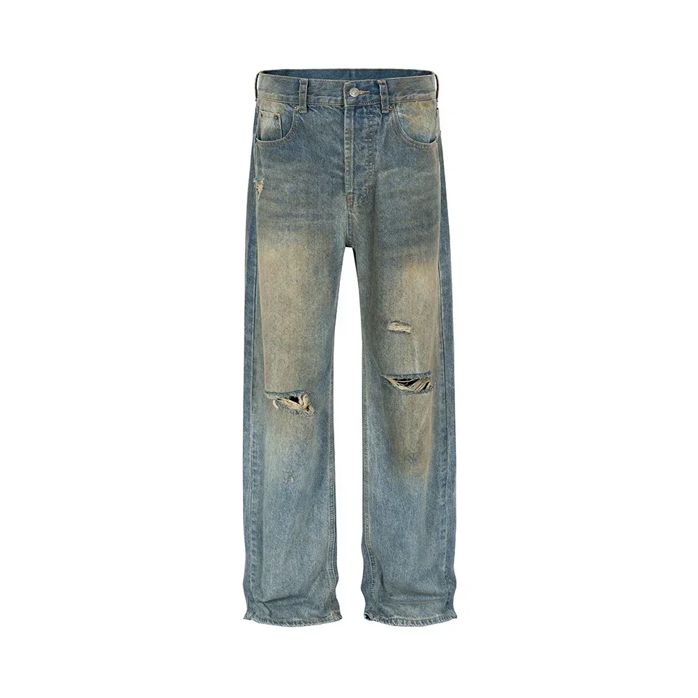 Y2k Yellow Mud Dyed Hole Baggy Jeans Pants Unisex Streetwear Pantalones Hombre Casual Frayed Ripped Denim Trousers Oversized