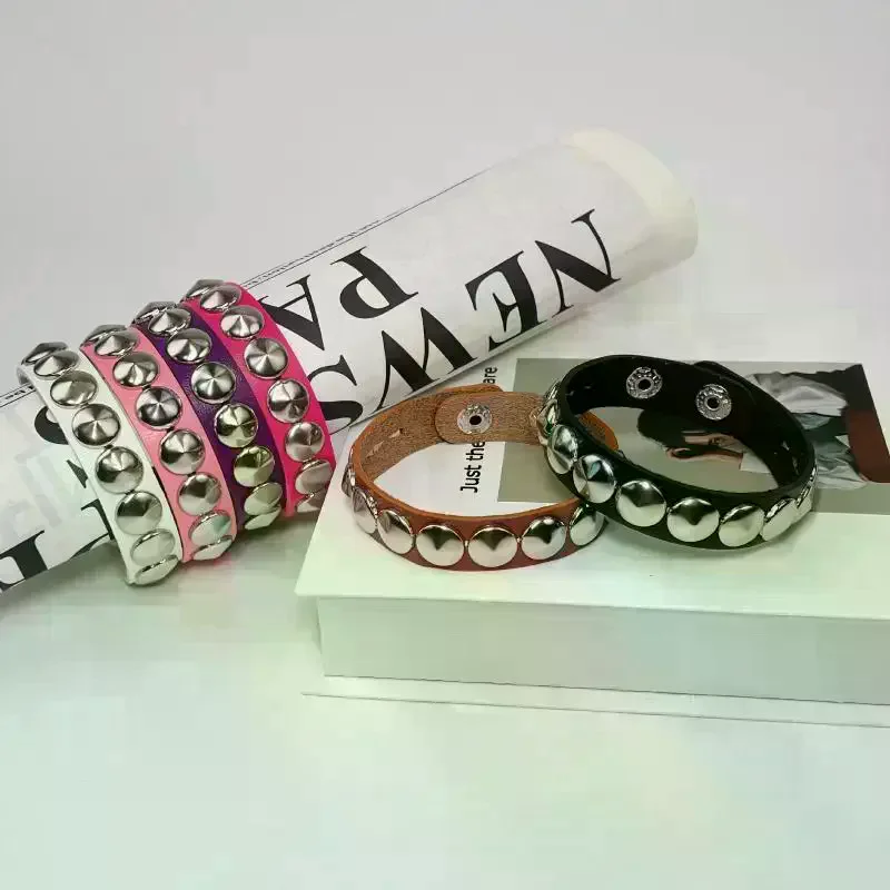 Rock Punk Style Rivet Chain Leather Bracelet Adjustable Metal Spike Cuff Wristband for Men Women Club Fashion Accessories