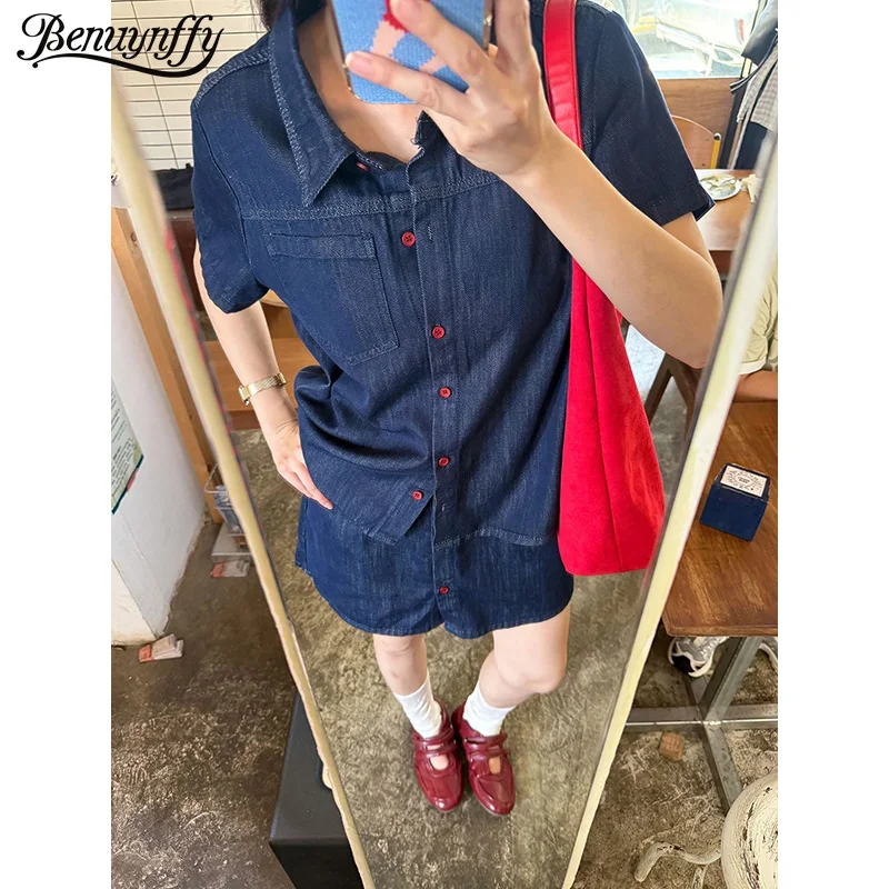 Benuynffy Retro Short Sleeved Denim Shirt Women 2026 Summer New Fashion Korean Loose Single Breasted Female Jeans Tops