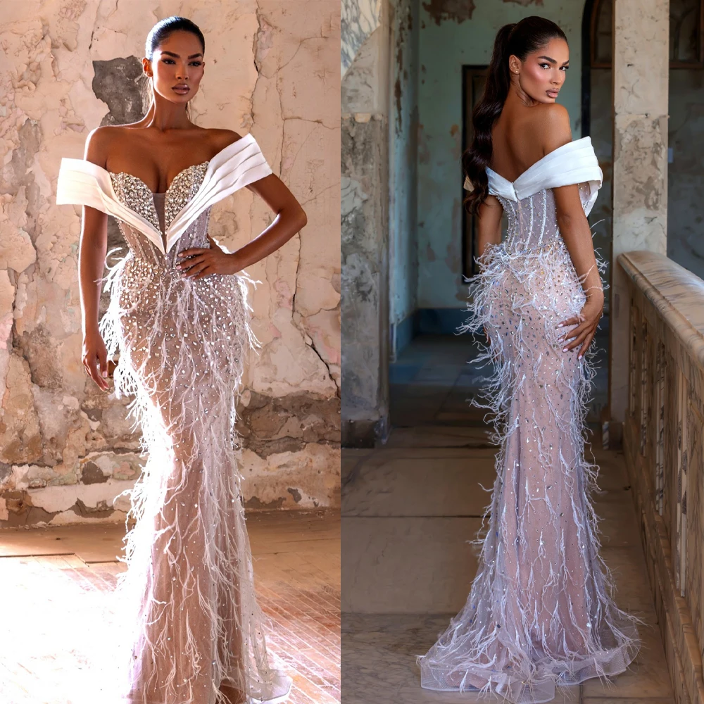 

Изысканные вечерние платья с перьями и кристаллами, платье для выпускного вечера с открытыми плечами и открытой спиной, вечернее платье русалки по индивидуальному заказу, Vestidos De Noche