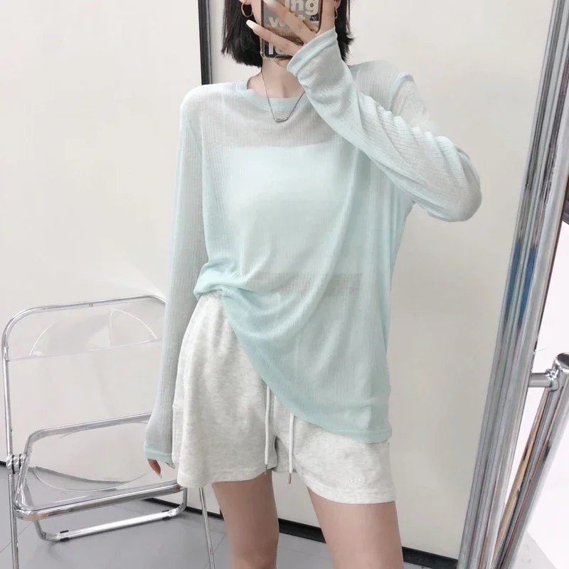 Zik Hekiy Women Long-Sleeved T-Shirt Summer New Sunscreen Clothing Candy-Colored Mesh Bottoming Shirt Thin Layered Inner Top