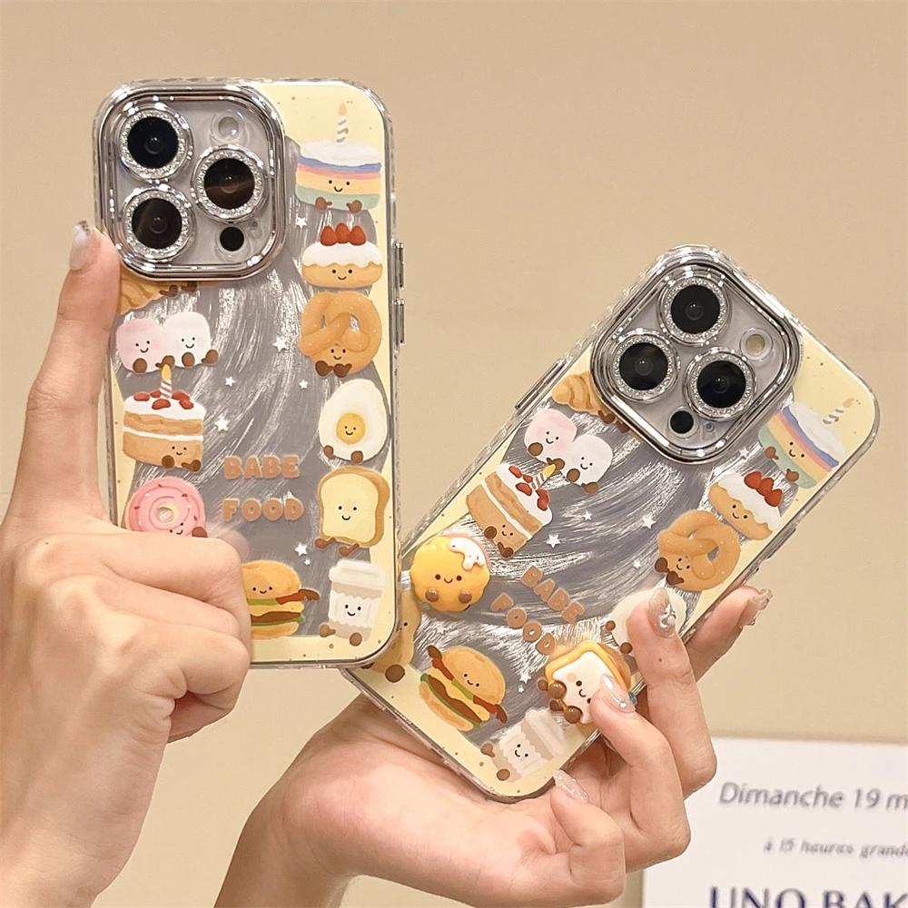 Cute Funny Hamburg Cake Feather Yarn Phone Case For iPhone 15 14 13 12 Pro Max 11 Kawaii Shockproof Bumper Back Cover Funda Gift