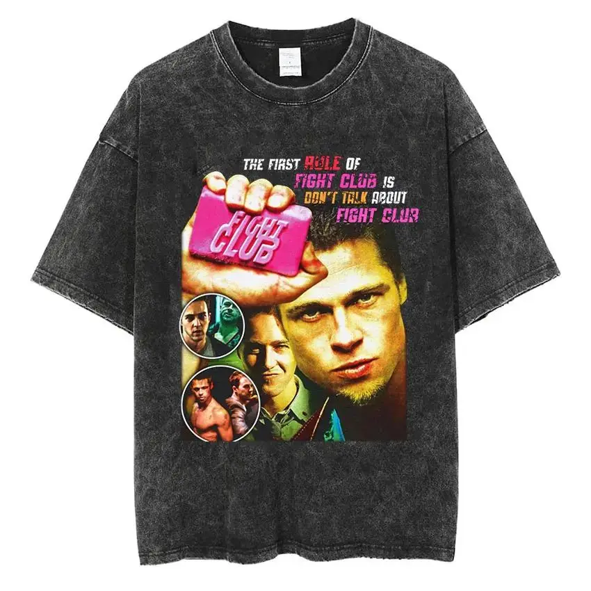 Vintage Washed T Shirts Movie Fight Club Mischief Mayhem Soap Gothic Fashion Hip Pop Fan T-shirt Casual Loose Streetwear Unisex