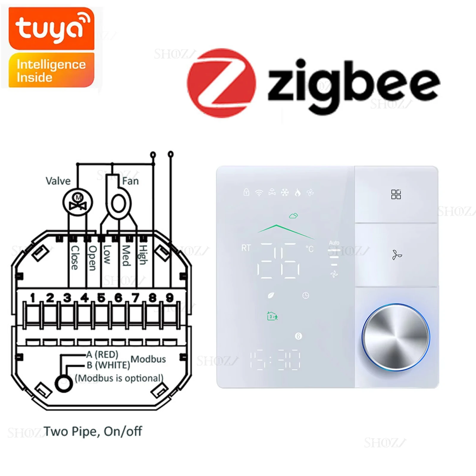 Zigbee/Wifi/RS485 Klimaatthermostaat voor Fan Coil Units, 2/4-Buis Verwarming/Koeling Temperatuurregelaar, Compatibel met Tuya Smart Life,Ondersteunt Alexa Google Home Assistant, kan Honeywell,