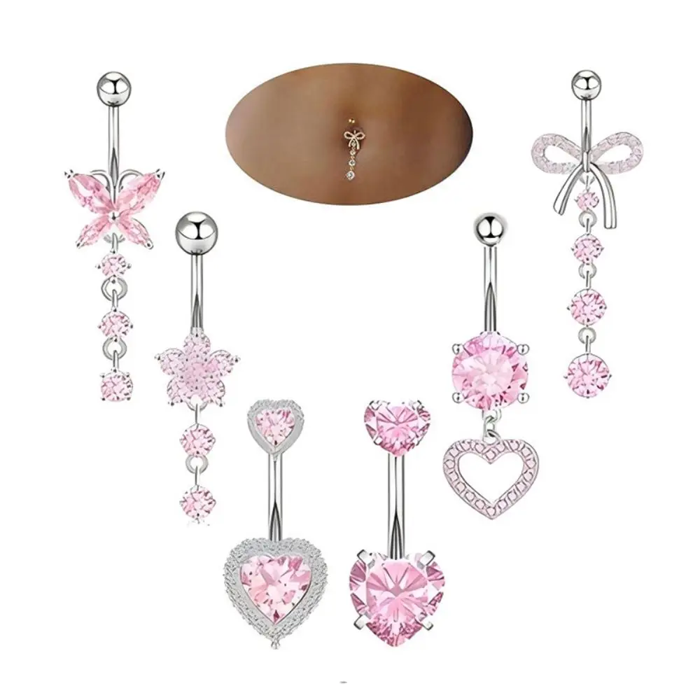 Stainless Steel Bow Belly Button Piercing Heart Shape Copper Belly Button Ring Pink Zircon Navel Piercing Jewelry Body Jewelry