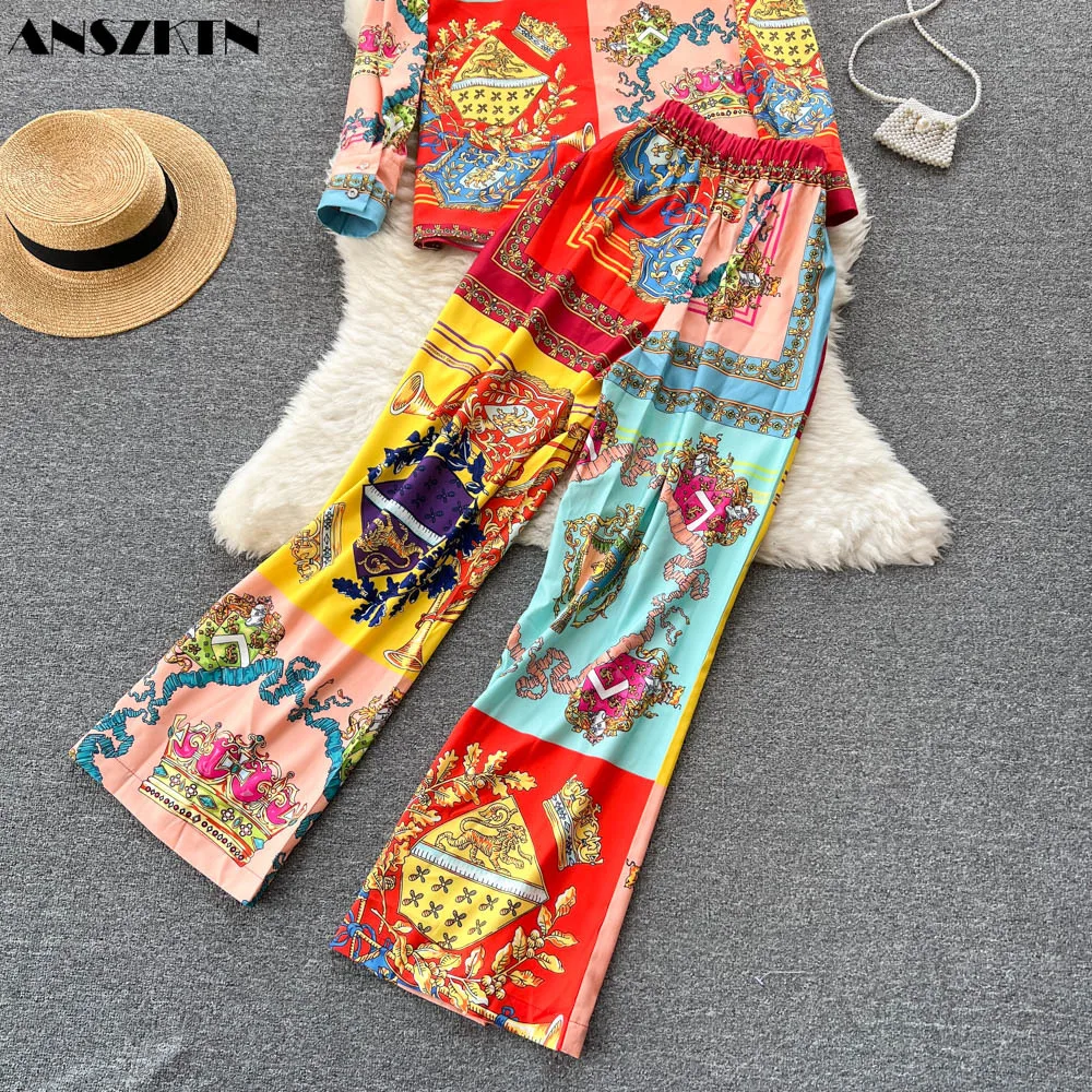 ANSZKTN kemeja motif Retro, celana kasual kaki lebar, Set dua potong untuk Eropa dan Amerika Serikat ANSZKTN