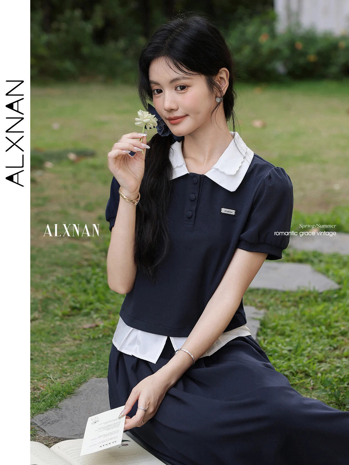 ALXNAN Women's Skirt Navy Elegant Long A-line Cotton Skirt 2025 Summer Holiday Party Ladies Korean Popular Clothes L551117BSQ