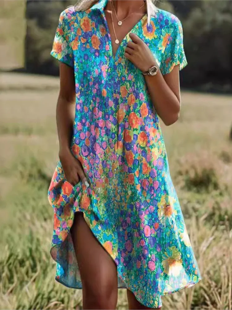 

Vintage Floral Print Women Shirt Dress 2024 Summer Casual Short Sleeve Beach Sundress Female Loose Hem Midi Vacation Dress Robe