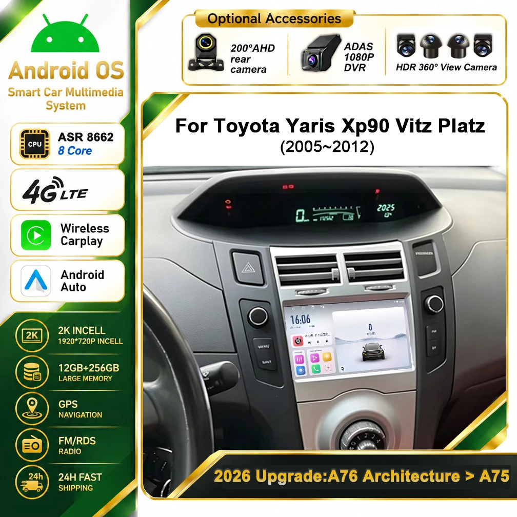 Cortex-A76 Octa-Core 7‘’ Android 16 Car DVD For Toyota Yaris Xp90 Vitz Platz 2005 - 2012 Stereo Head Unit Multimedia Player GPS