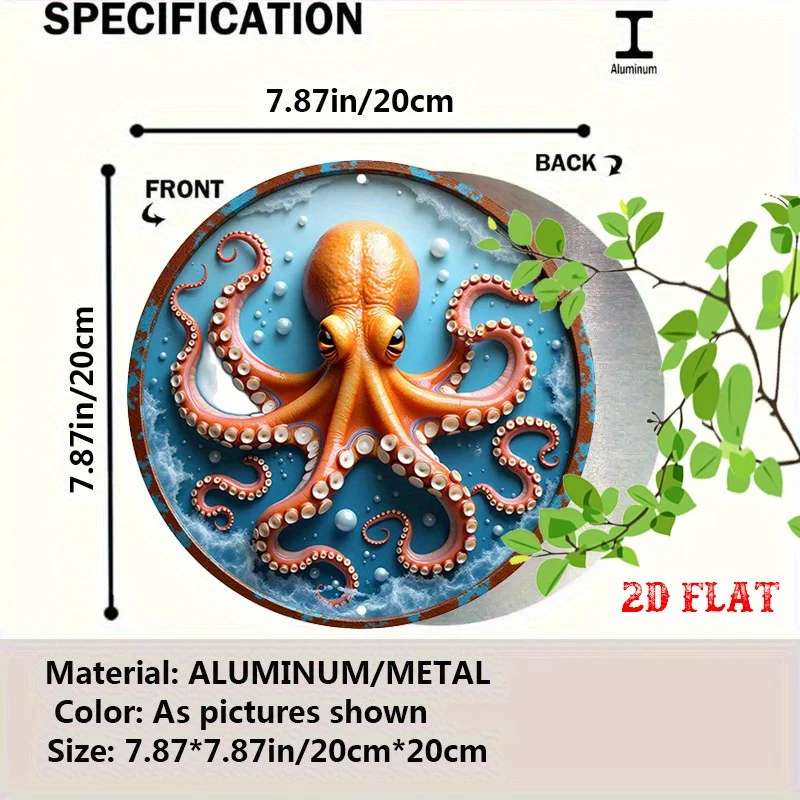 2D Flat, 1pc Vintage Nautical Octopus Metal Wall Decor - Turquoise & Orange Tentacle Design on Blue Ocean Background, Rustic 2D