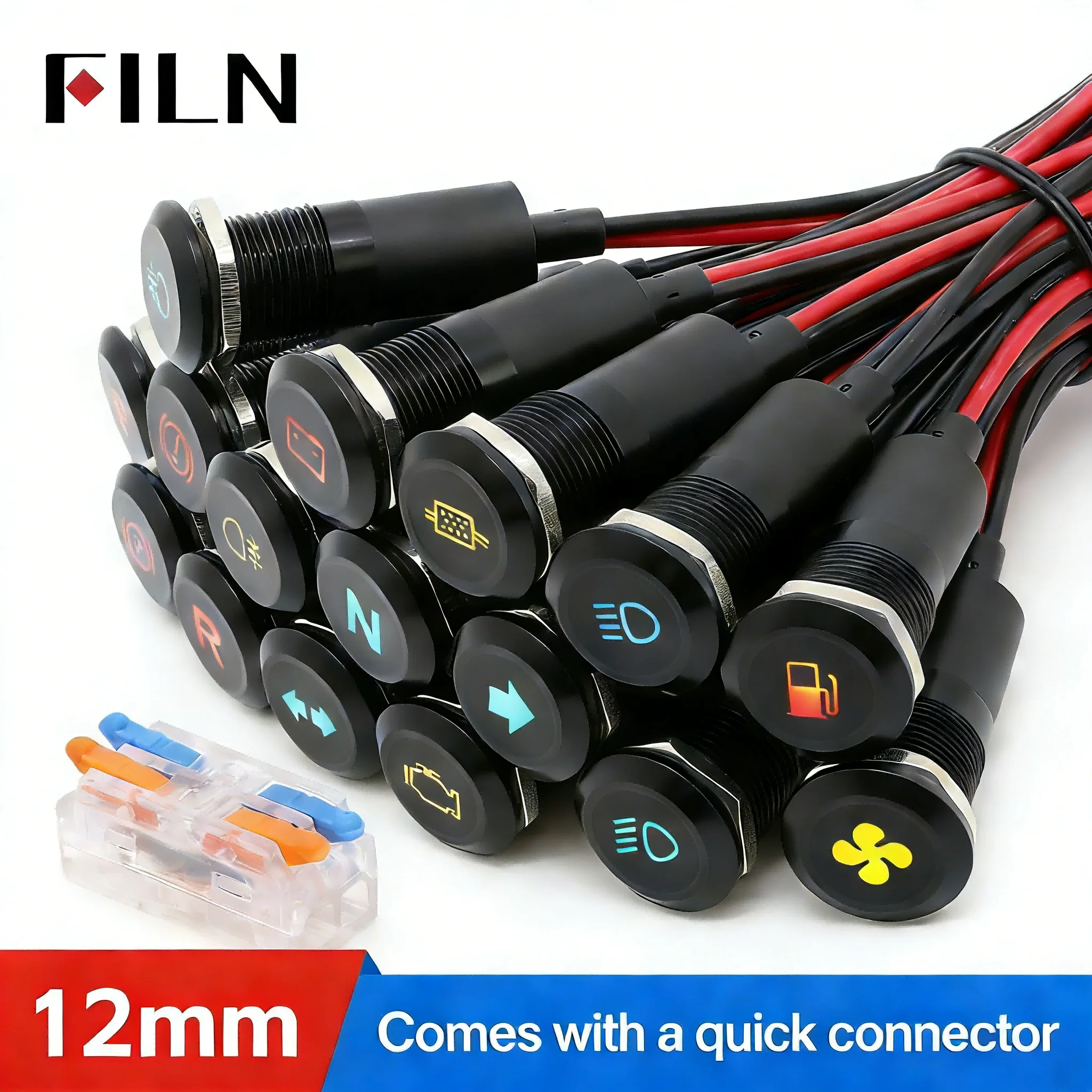 FILN 12mm Symbol LED Indicator Light 12V 24V Black Metal Indicator Dash Pilot Light with Wire Car Dashboard Ruck Machinery