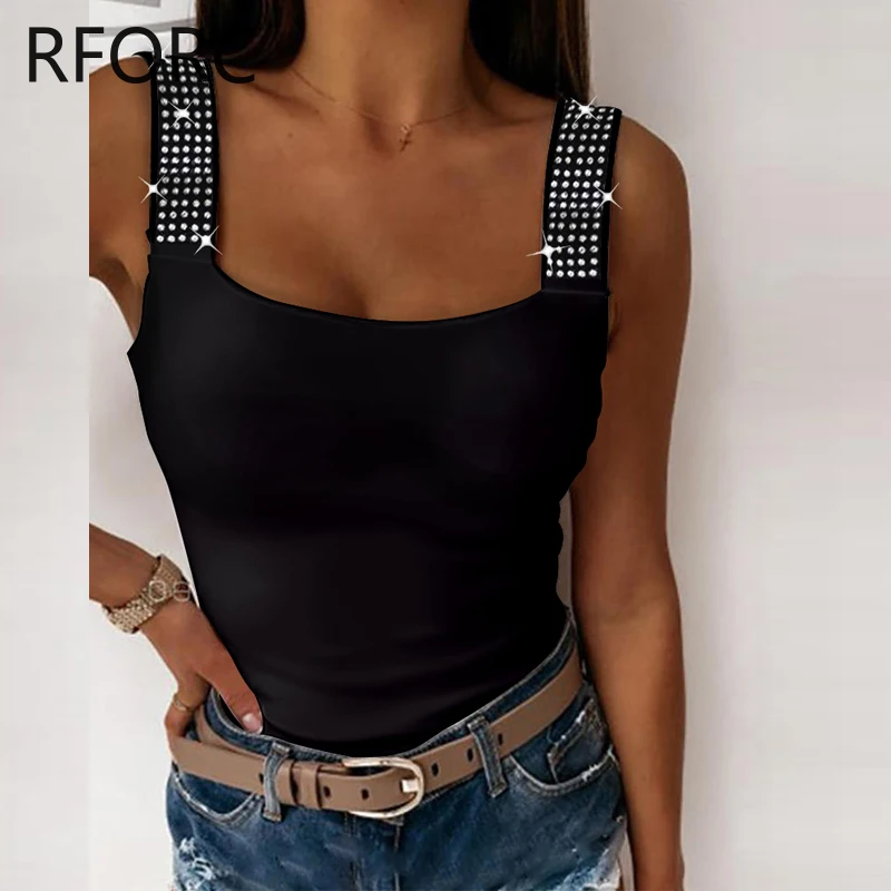 2024 Women Chic Rhinestone Thick Straps Tank Sleeveless Sexy Camis Crop Tops