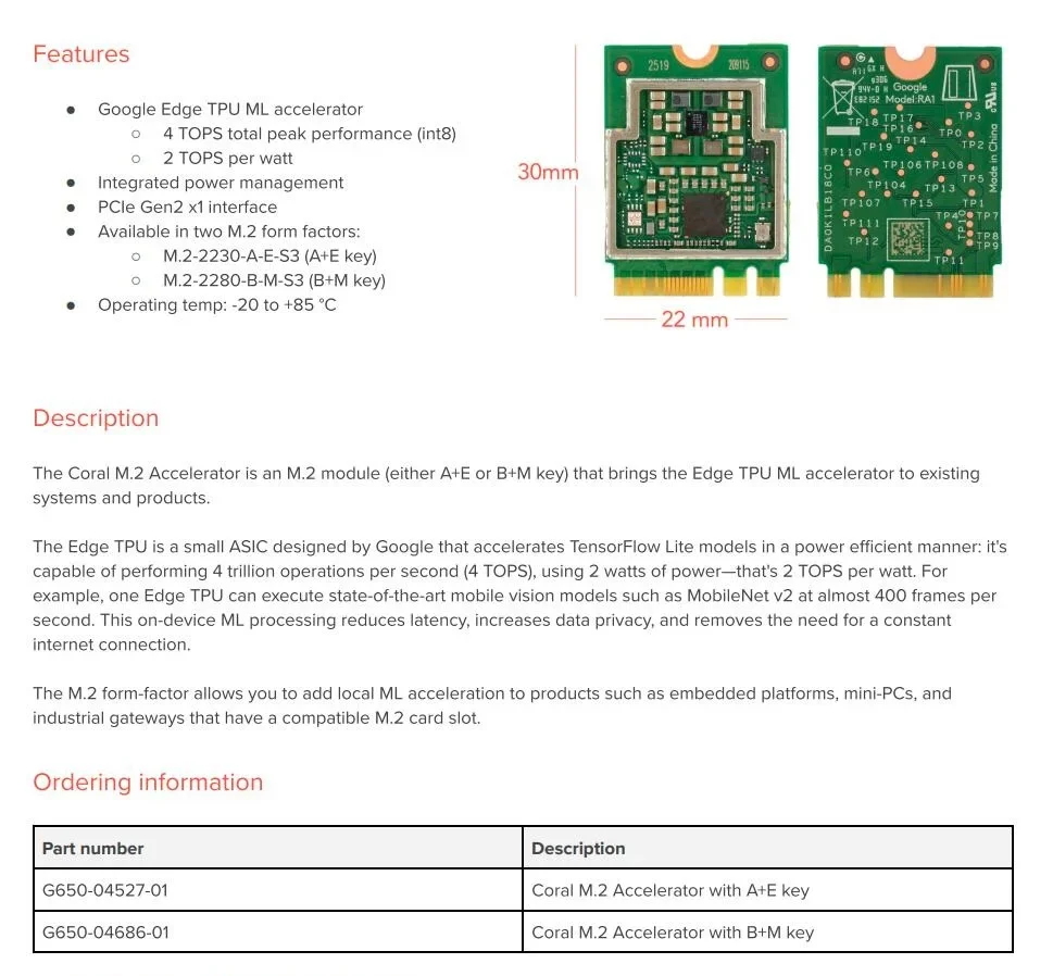 VivacpMini PCIe M.2 Accelerator TPU A+E And B+M Key Module G650-04527-01 / G650-04686-01