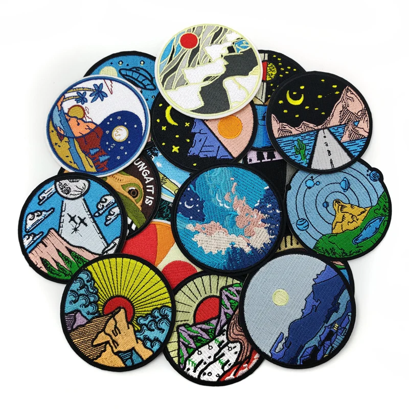 UFO Landscape Explore Embroidered Applique Patches Fabric Garment Apparel Clothing Accessories Embroidery Badges Sunset